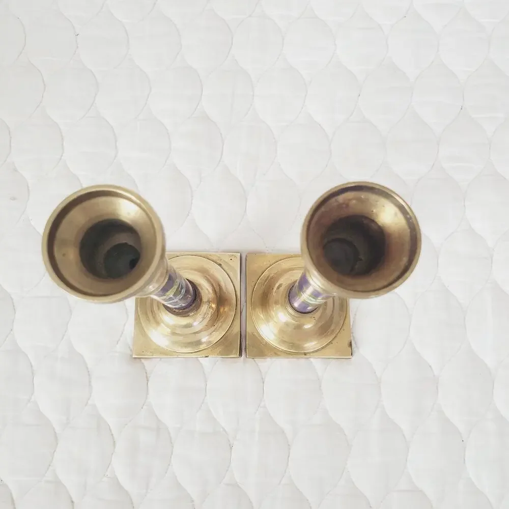 Vintage Pier 1 Brass 10” Pair X 2 Candlestick Cloisonne Enamel Floral Inlay Rare